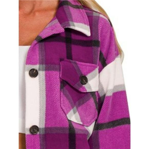 Zenana Oversized Plaid Fleece Shacket - Picture 2 of 3